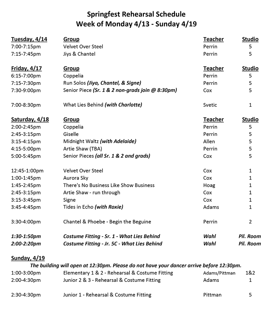 Springfest Rehearsal Schedule